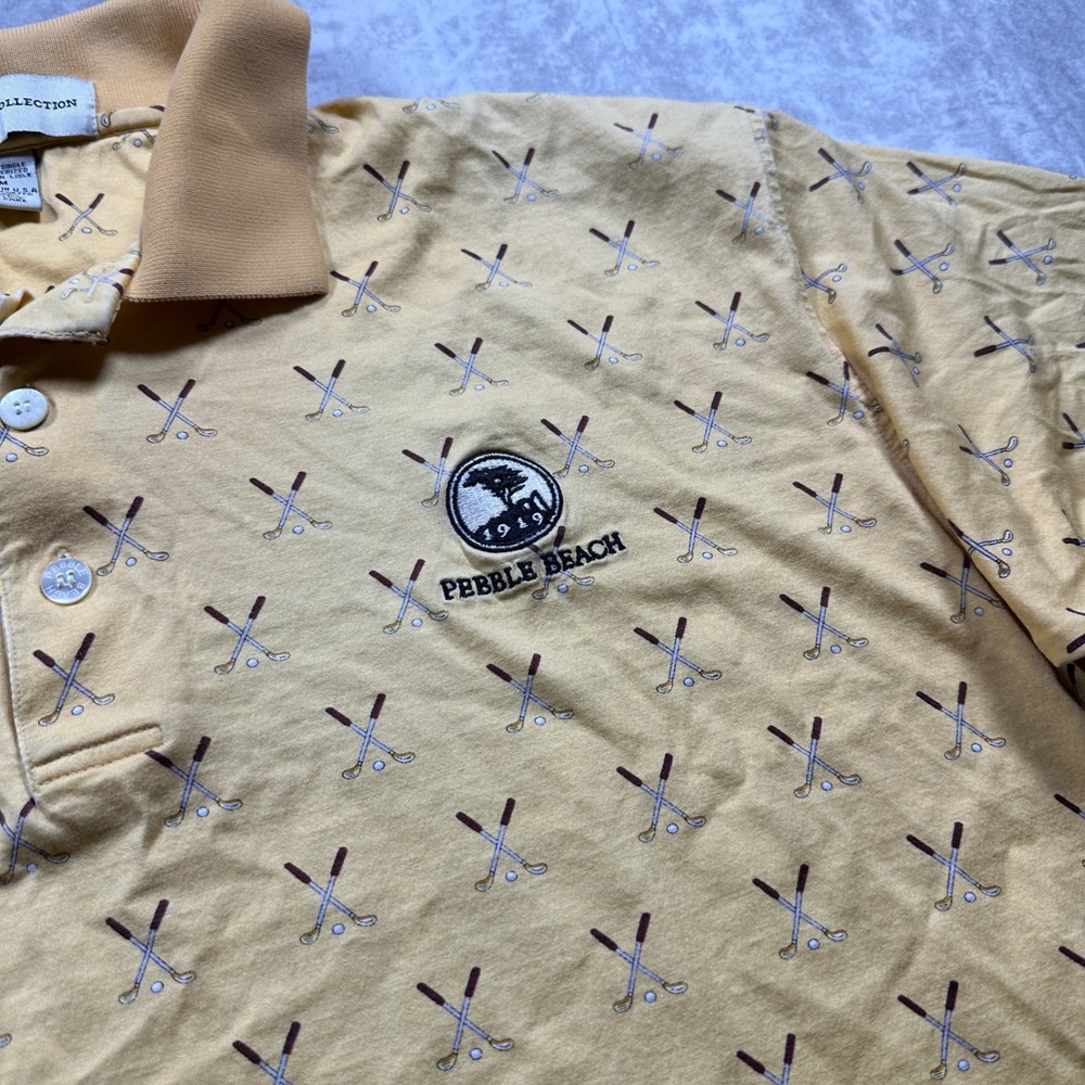 Pebble Beach Polo Shirt Mens Medium Yellow Golf Club Print Mercerized Cotton USA - Picture 3 of 7